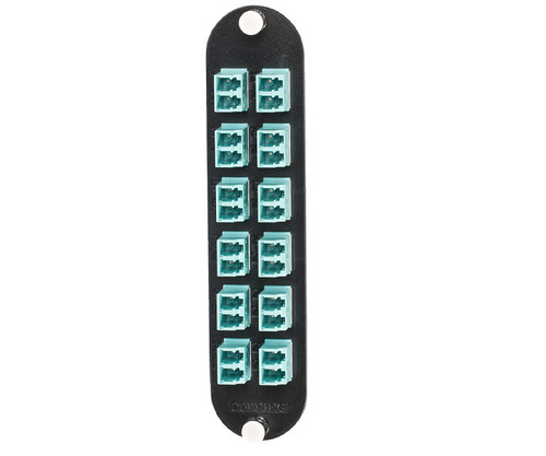 Corning CCH-CP24-E4 patch panel insert with 12 duplex LC fiber optic adapters.