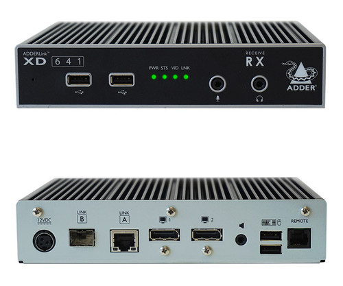 Front and rear panels of the AdderLink XD641 Receive unit showing ports and indicators.