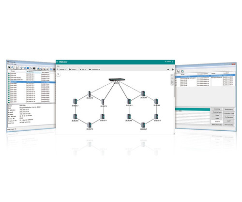 MXstudio Network Management Suite displaying a network topology diagram and management windows.