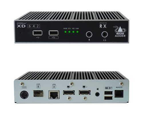 Front and back panels of an AdderLink XD642 RX extender.