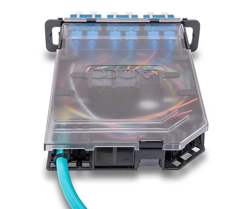 FSCS312DLCP fiber splice cassette with a clear cover and blue fiber optic connectors.