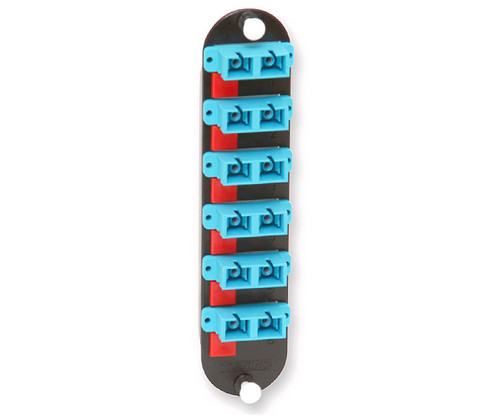 Fiber optic CCH-CP12-E7 patch panel insert with six duplex LC adapter ports.