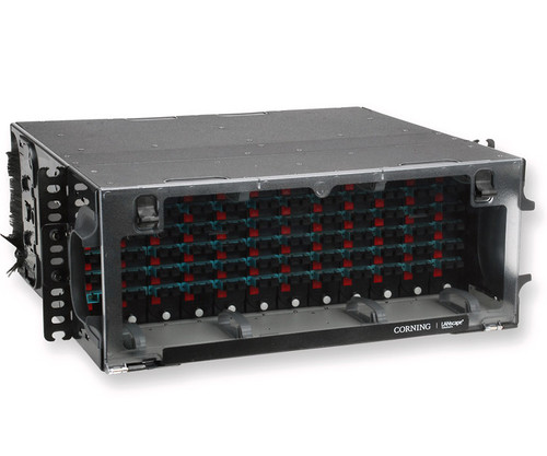Corning CCH-04U patch panel housing with fiber optic connection ports.