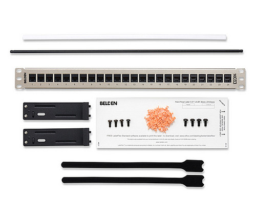 Belden AX104563 patch panel kit with rack components, screws, and labeling accessories.