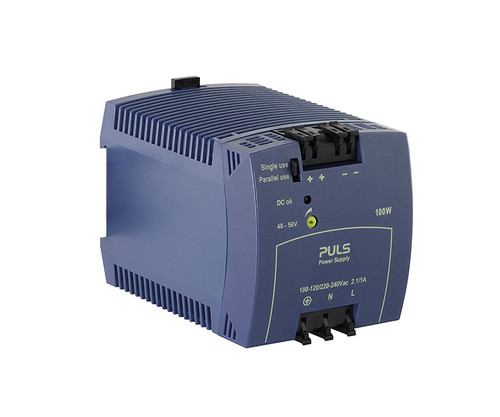 Blue PULS power supply unit with 100W, showing input and output terminals.