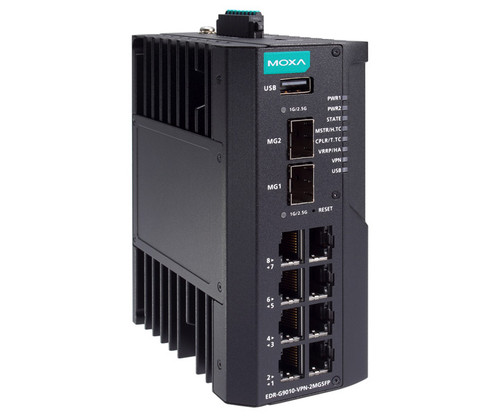 The Moxa EDR-G9010-VPN-2MSFP industrial secure router featuring multiple ports and status LEDs.