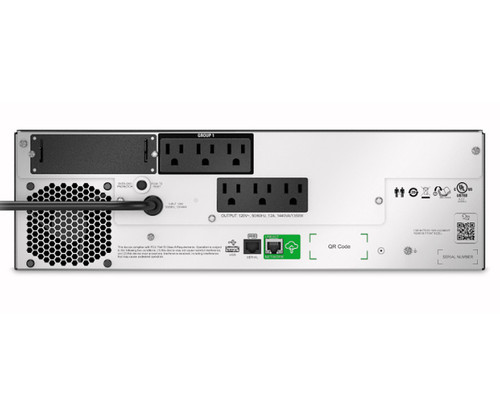 Rear view of the SMTL750RM2UC Rackmount UPS showing outlets and ports.