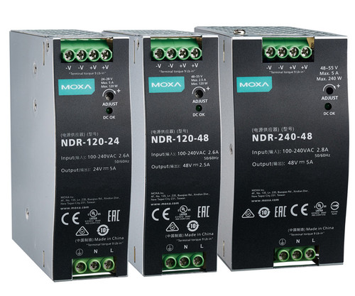 Three MOXA DIN-rail power supplies: NDR-120-24, NDR-120-48, and NDR-240-48 with technical specifications visible.