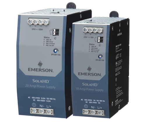 Two SolaHD power supplies, a 20 Amp and a 10 Amp model, by Emerson.