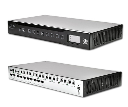 Front and rear views of the CCS-MV4228 Multi-Viewer rackmount unit with Adder logo.