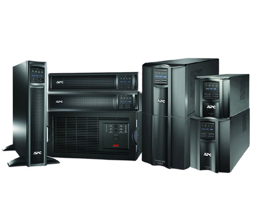 Several APC Smart-UPS battery backup units and external battery packs arranged in a group.