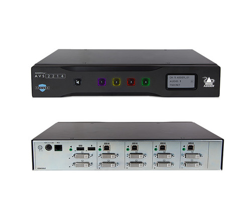 Front and rear views of the ADDERView AVS 2214 KVM switch with connection ports.