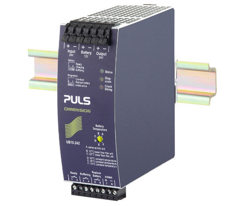 PULS UB10.242 DC-UPS power supply module mounted on a DIN rail.