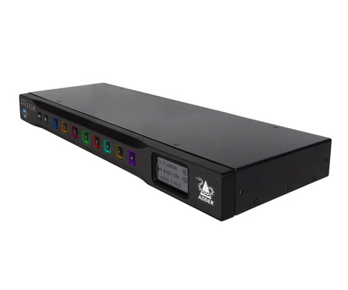 AVS-4128 KVM switch with eight numbered, colorful buttons and an information display.