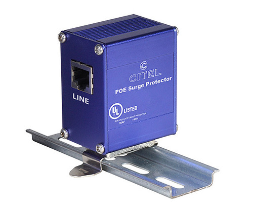Citel POE Surge Protector mounted on a DIN rail, labeled "LINE" and "UL LISTED."