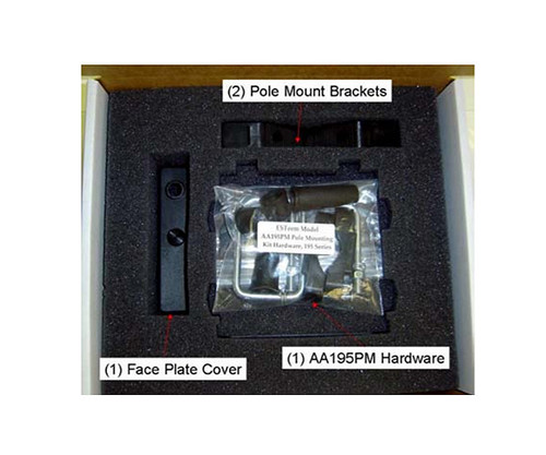 AA195PM Pole Mount Kit containing face plate cover, brackets, and hardware in foam packaging.