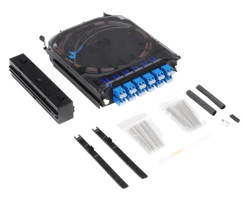 CCH-CS24-A9-P00RE fiber optic splice cassette with pigtails, protective sleeves, and mounting accessories.