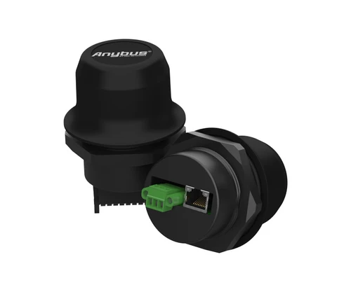 Anybus Bolt RJ45 PoE device with Ethernet port and power connector.