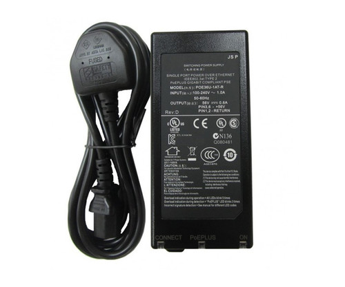 PoE injector with attached power cable and label reading model POE36U-1AT-R.