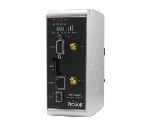 ProSoft iCX35-HWC Cellular Gateway with serial, Ethernet, SIM, and antenna ports.