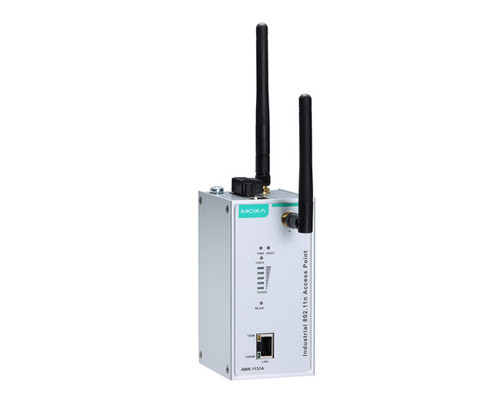 Moxa AWK-1131A industrial wireless access point with two antennas and Ethernet port.