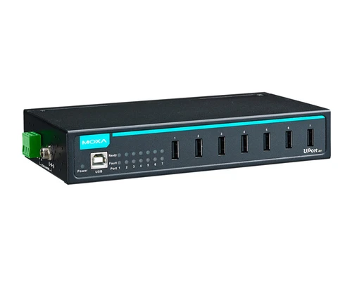 Moxa UPort 407-T 7-port industrial USB hub with status LEDs and power input.