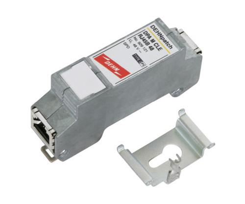 DEHNpatch DPA M CLE RJ45B 48 surge protector and its associated metal mounting bracket.