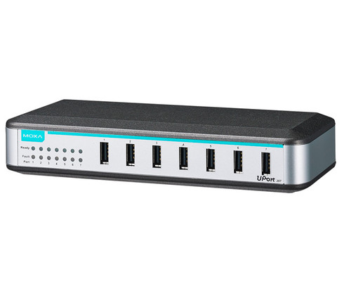 A Moxa UPort 207 USB hub with seven ports and status indicator lights.