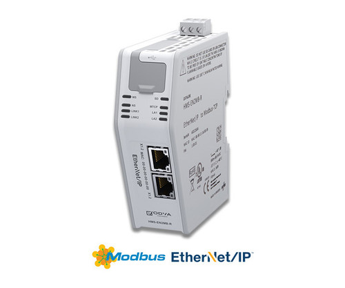 HMS-EN2MB-R EtherNet/IP to Modbus TCP linking device with Ethernet ports and LED indicators.