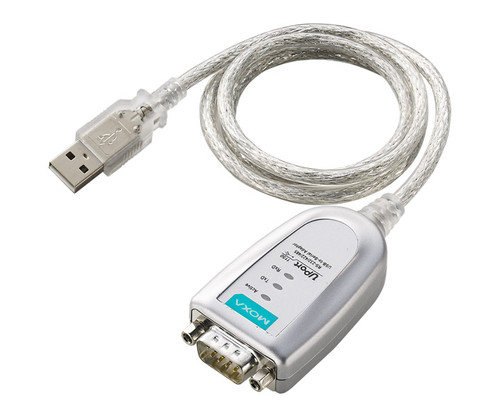 Moxa UPort 1150 USB-to-serial converter cable with a 9-pin DB9 connector.