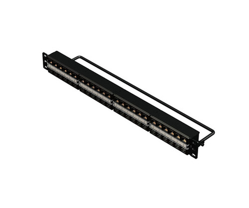 Black 48-port RV5PPF1U48BK 1U rack-mount patch panel with an integrated cable management bar.