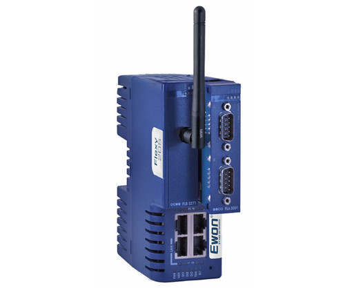 Ewon Flexy 205 modular gateway device with antenna and Ethernet ports.