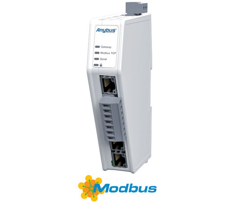 Anybus Gateway unit with status indicators and communication ports, labeled "Anybus" and "Modbus".