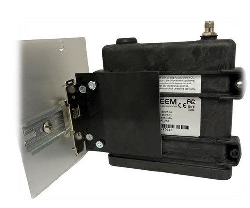 ESTeem DIN-Rail Mounting Kit attached to a black radio communication device.