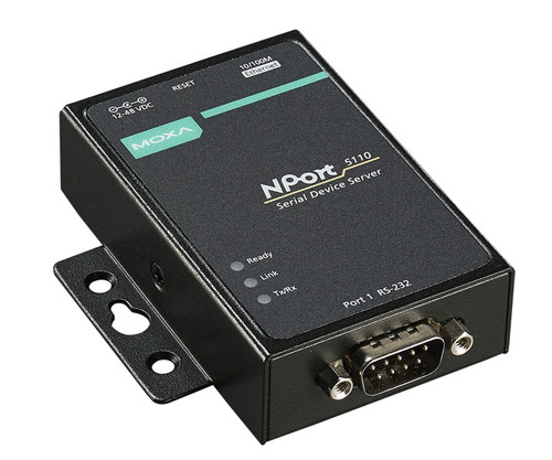 Moxa NPort 5110 Serial Device Server with RS-232 port and status indicator LEDs.