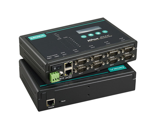 Moxa NPort 5610-8-DT device servers with multiple serial ports, Ethernet, and console port.