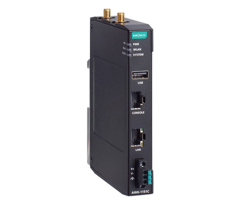 AWK-1151C MOXA wireless client device featuring Ethernet, console, USB, and power ports.