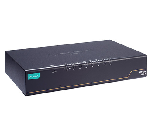 Moxa UPort 1650-8 serial converter featuring a status light panel and brand label.