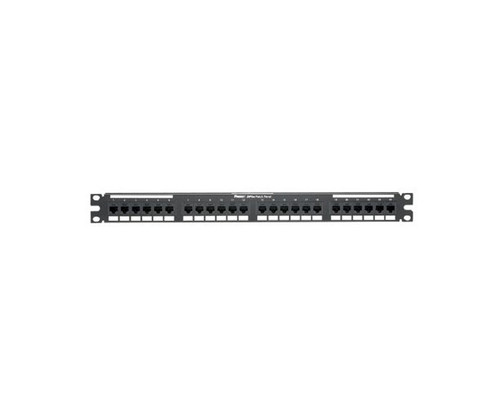 A black, 24-port rackmount patch panel labeled DP24688TGY.
