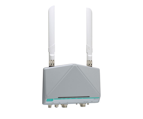 MOXA AWK-4131A-US-T industrial wireless device with two vertical antennas and external connectors.