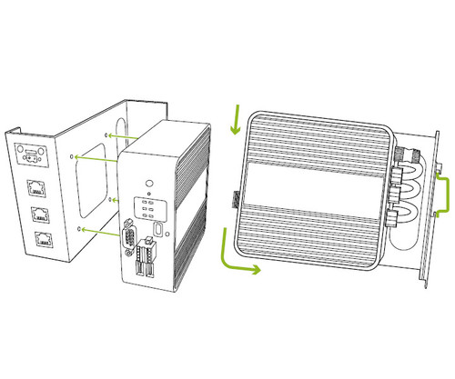 Diagram showing the installation of a computer onto a DIN-rail mount bracket.