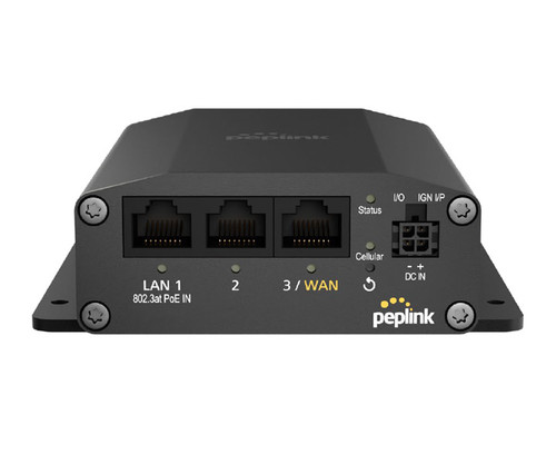 Peplink MAX BR1 Mini 5G router front panel with Ethernet ports and power connector.
