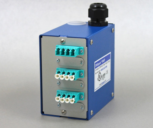 Blue SNAP Patch Panel featuring three teal four-port fiber optic bulkhead adapters.