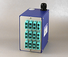 Blue metal SNAP patch panel featuring twelve teal LC duplex fiber optic adapters.