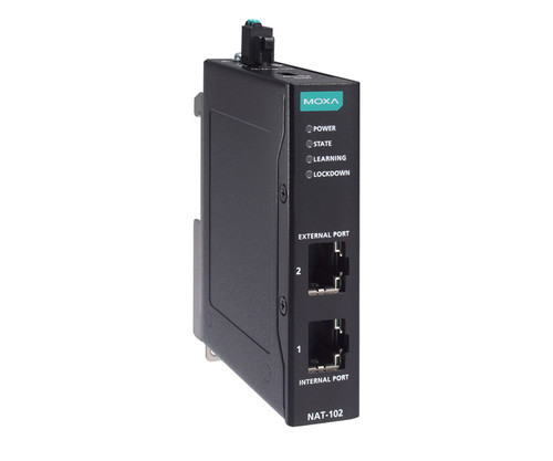 Moxa NAT-102 network address translation device with status LEDs and two Ethernet ports.