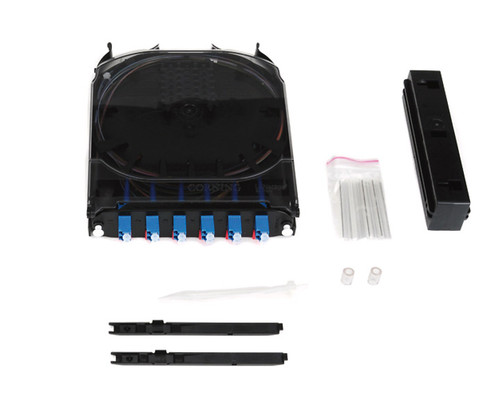 CCH-CS12-A8-P00KE pigtailed splice cassette with six blue fiber optic connectors and included accessories.