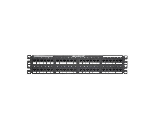A 48-port rackmount patch panel with numbered ports in a black frame.