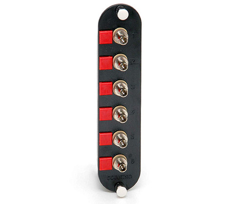 Corning CCH-CP06-19T patch panel insert featuring six numbered ST fiber optic connector ports.
