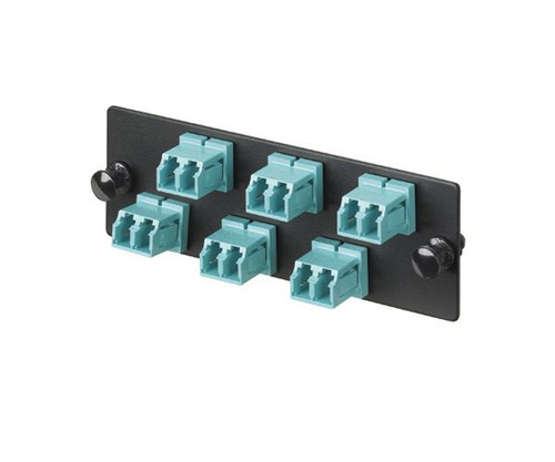 Black fiber optic patch panel with six aqua-colored duplex LC fiber adapters.