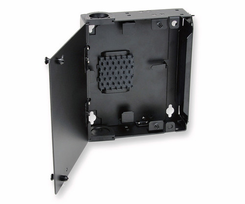 Black, wall-mounted metal equipment housing with an open hinged door.